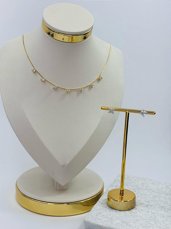 Conjunto Colar veneziana com zirconia cristal e brinco tipo carré zirconia - 1 conjunto