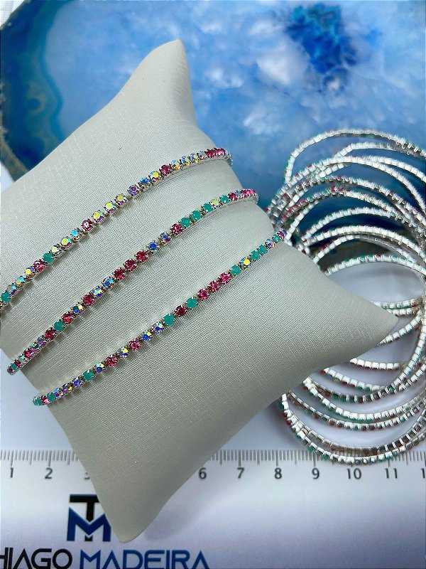 Pulseira Strass Elástico Banho Prata - 3 Unidades