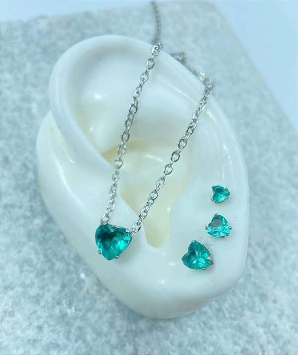 Conjunto Aço inox - Coração Zirconia - Colar e Trio de Brinco