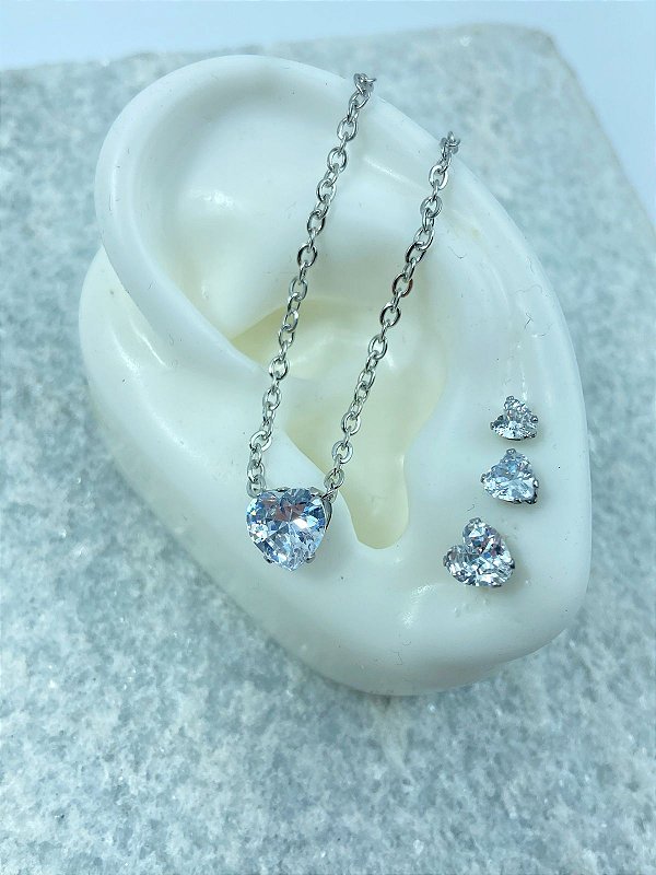 Conjunto Aço inox - Coração Zirconia - Colar e Trio de Brinco