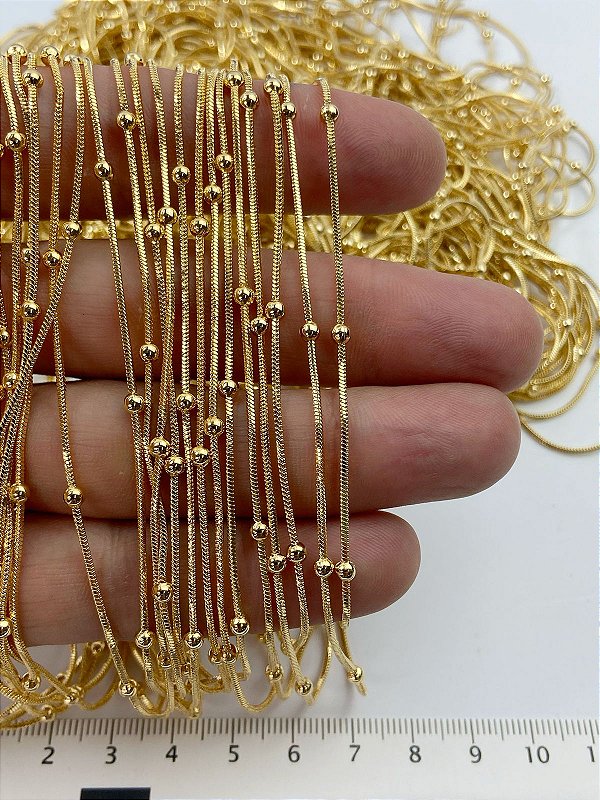 Corrente Rabo de Rato Bolinha 1,2mm  Banho Ouro Camada 2 Milésimos Com Verniz Protetivo - 1 Metro
