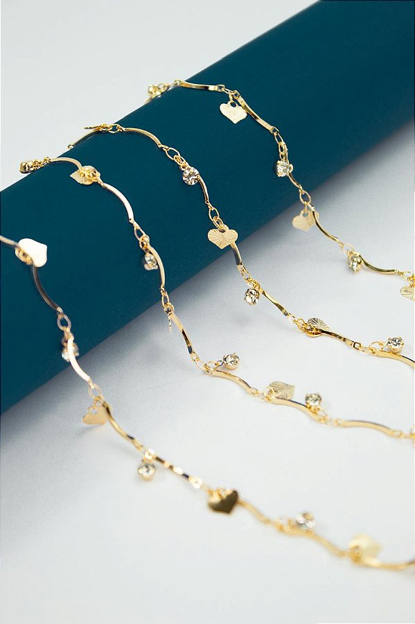 Corrente Coracao Zirconia banho ouro 2 milésimos de camada e verniz - 1 metro