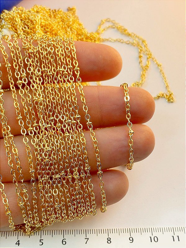 Corrente Cadeado Diamantada com trava 0,40Mm Fina - Banho Ouro 2 Milésimos Com Verniz Protetivo - 1 metro