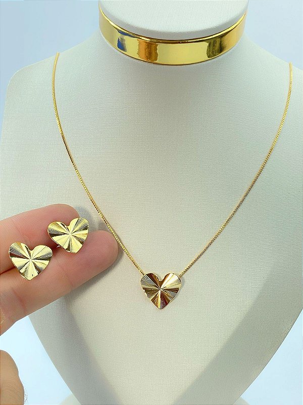 Conjunto colar coração e brinco coração - 2 unidades