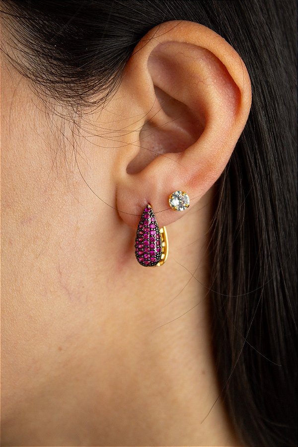 Brinco Gota com zircônia rosa cravejada banho ouro - 1 par