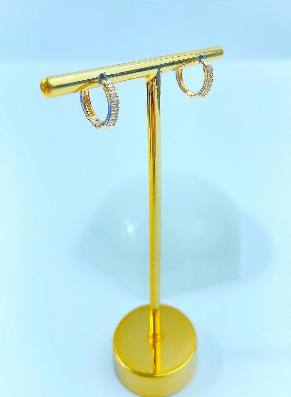 Brinco Argola click cravejado medida 12mm banho ouro - 1 par