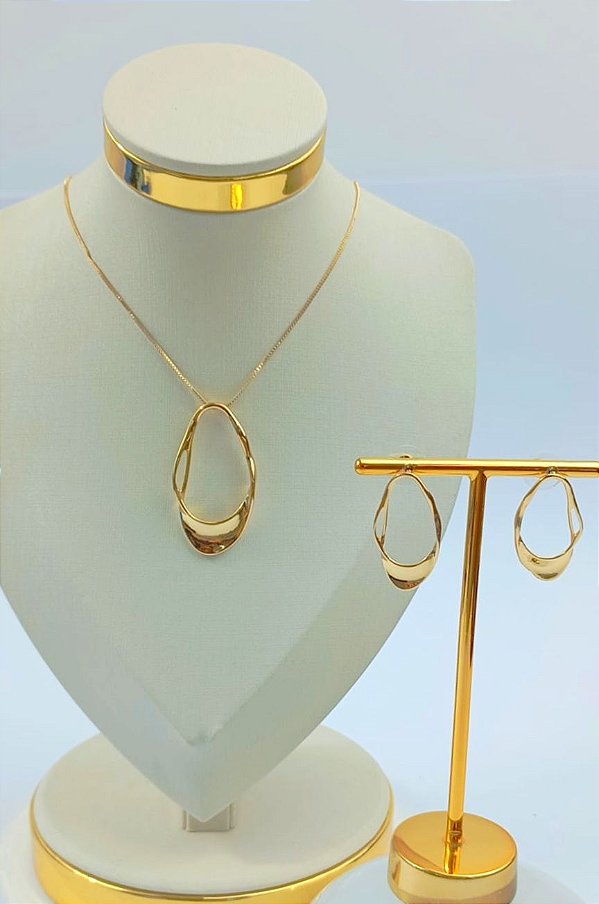 Conjunto Colar organico e brinco organico tarraxa banho ouro - 1 par