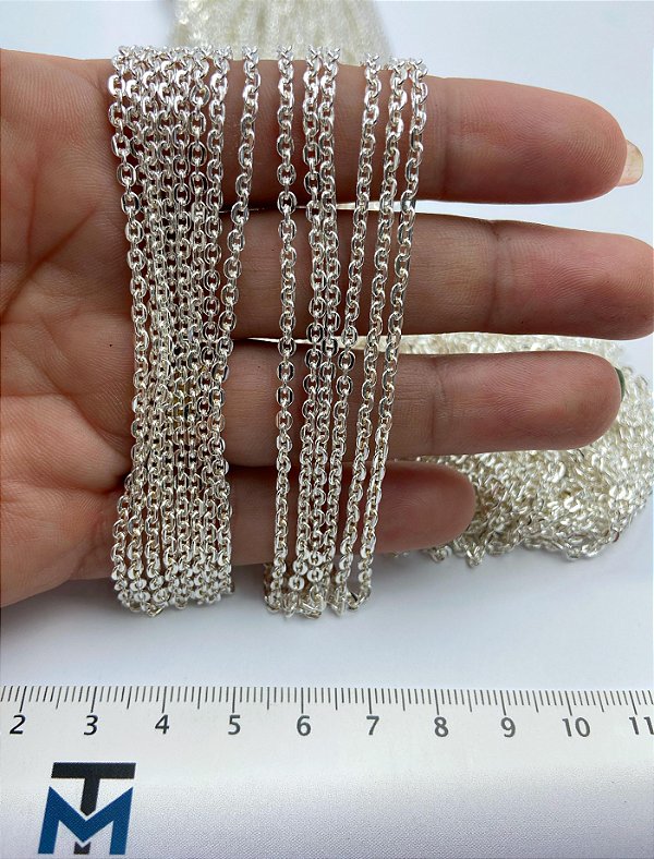 Corrente Cadeado diamantada arame 0,60mm - Banho Prata 925 semijoia 50 milésimos com verniz - 1 metro