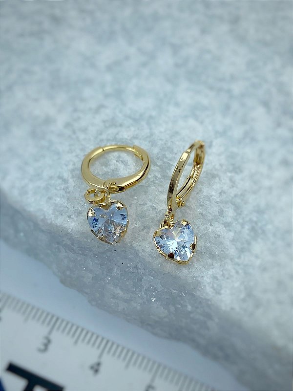 Brinco Tranqueta Coracao Zirconia cristal Banho ouro camada 2 milésimos com verniz italiano - 1 par