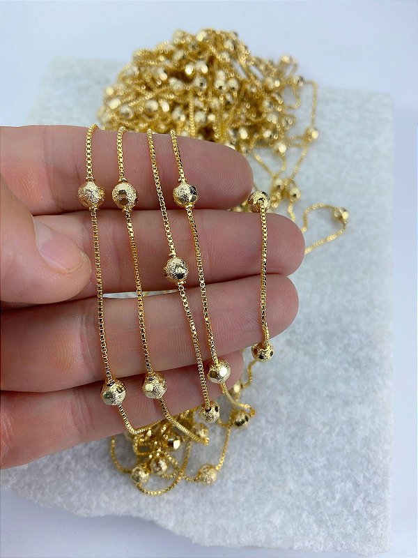 Corrente veneziana com bolinha diamantada 5mm diametro - Banho Ouro 2 Milésimos Com Verniz italiano - 1 Metro