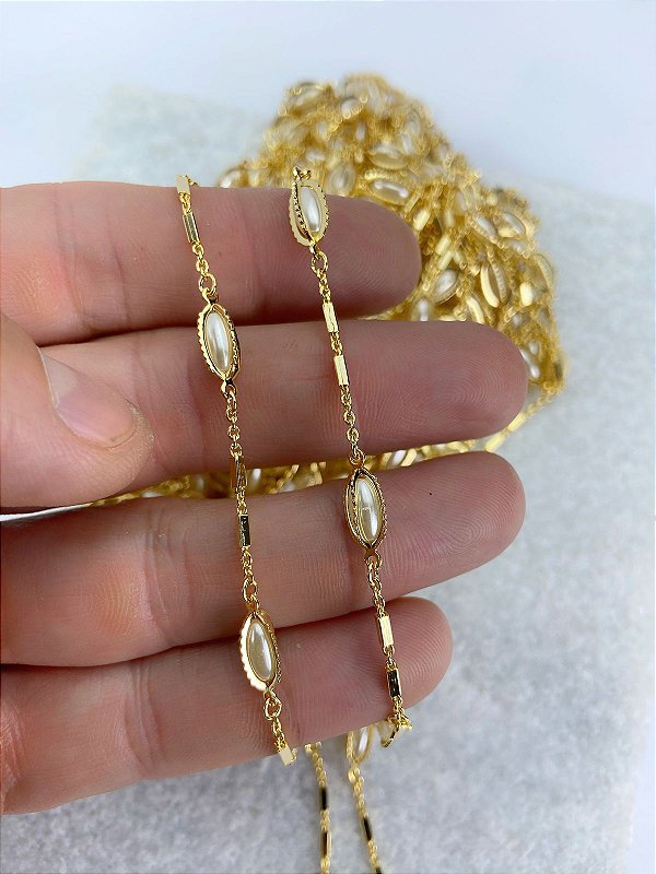 Corrente perola arroz trabalhada Banho Ouro 2 Milésimos Com Verniz italiano - 1 Metro