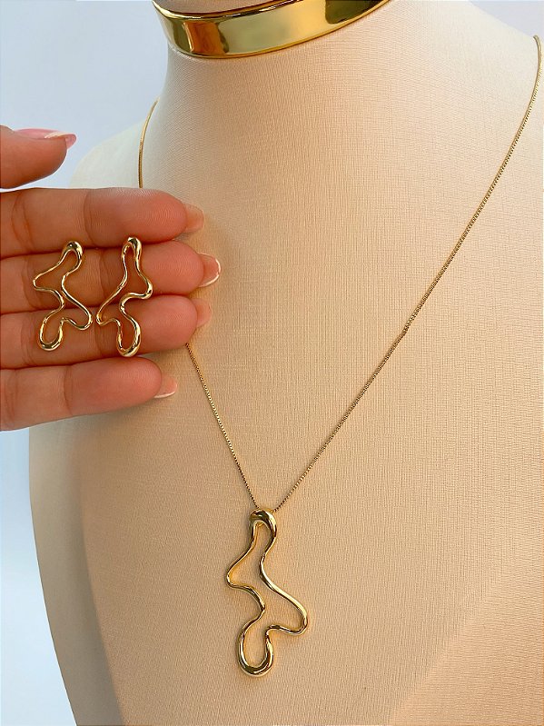 Conjunto colar e brinco organico - banho ouro - 1 conjunto