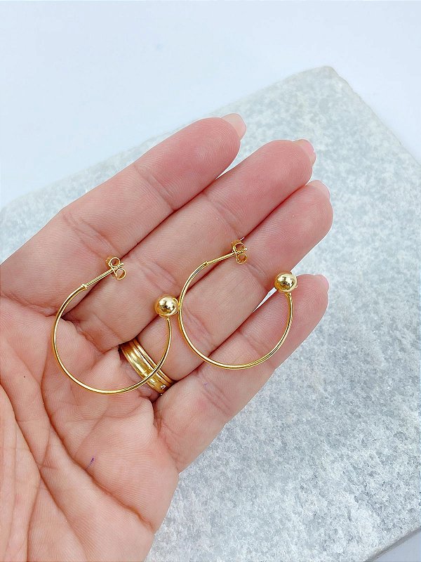 Brinco Argola com bolinha trava para pingente - 1 par banho ouro 2 milésimos com verniz italiano