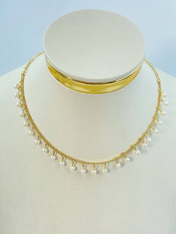 Colar Choker com perola gota - Banho ouro 2 milésimos com verniz italiano e extensora - 1 unidade