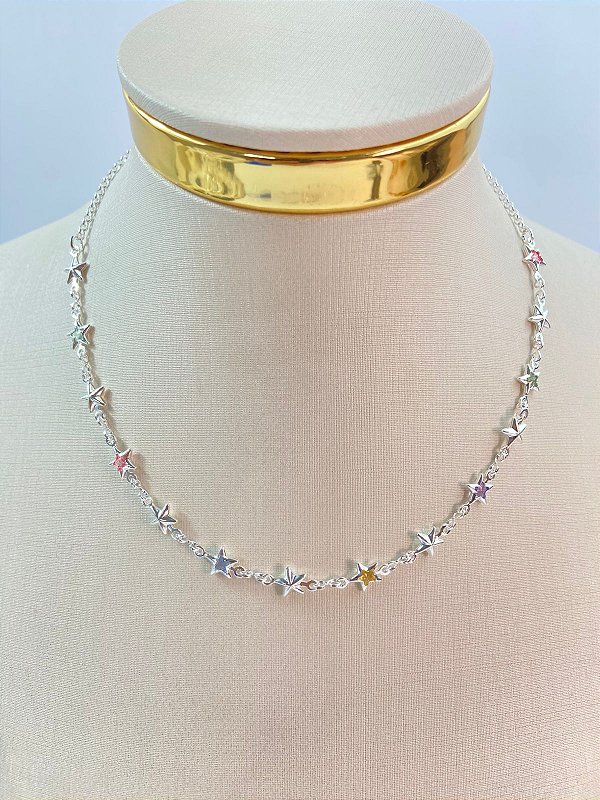 Choker colar estrela e zirconia colorida - banho prata 925 - semijoia com 50 milésimos de camada e verniz italiano - 1 unidade - medida 40cm