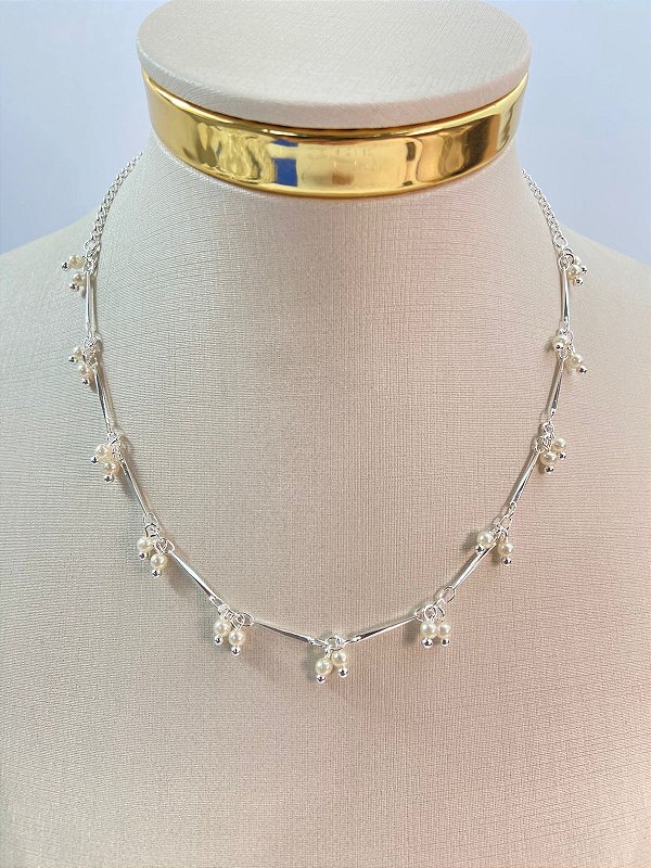 Choker colar com perola - banho prata 925 - semijoia com 50 milésimos de camada e verniz italiano - 1 unidade - medida 40cm