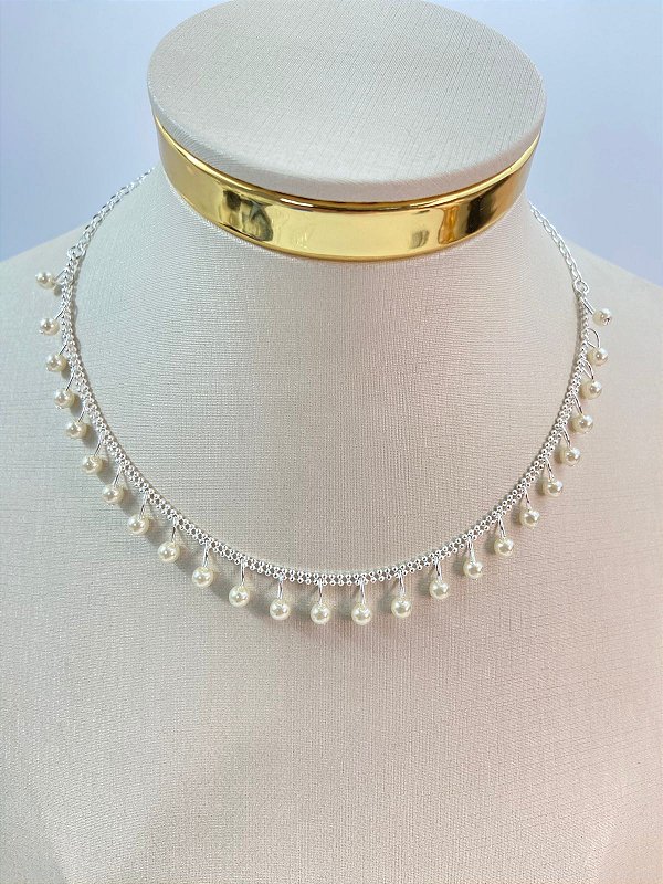 Choker colar com perola - banho prata 925 - semijoia com 50 milésimos de camada e verniz italiano - 1 unidade - medida 40cm