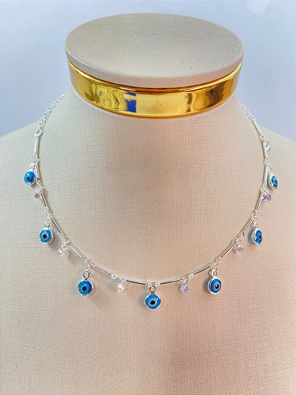Choker colar  olho grego - banho prata 925 - semijoia com 50 milésimos de camada e verniz italiano - 1 unidade - medida 40cm