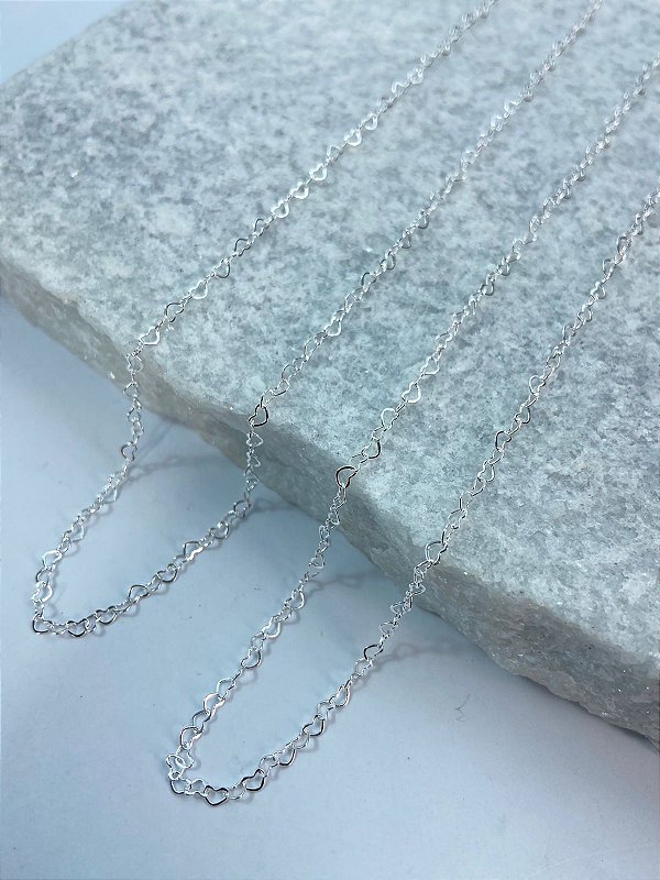 Corrente Coracao pequena 3mm - Alongadora extensora - Banho Prata 925 com 50 Milésimos e Verniz italiano - 1 Metro
