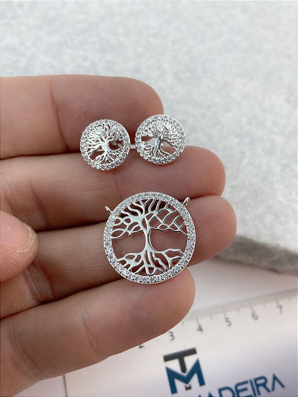 Conjunto Arvore da Vida cravejado zirconia cristal - banho Prata 925 camada 50 milésimos com verniz italiano - semijoia