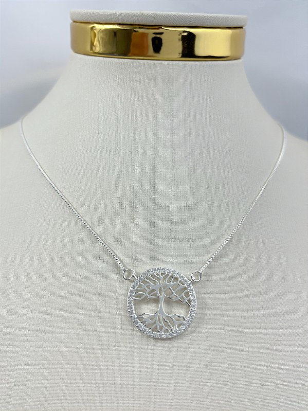 Conjunto Arvore da Vida cravejado zirconia cristal - banho Prata 925 camada 50 milésimos com verniz italiano - semijoia