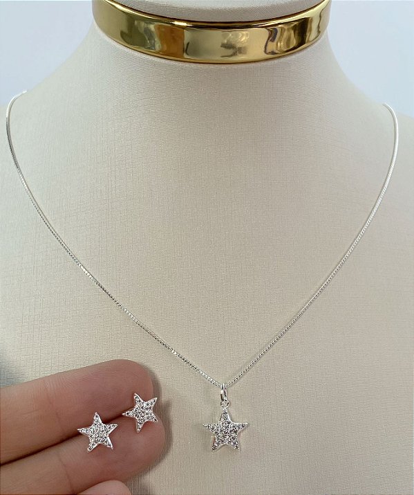 Conjunto Estrela cravejado zirconia cristal - banho Prata 925 camada 50 milésimos com verniz italiano - semijoia