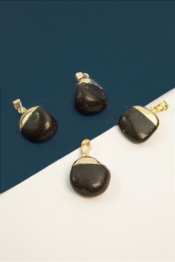 Pingente Pedra Rolada Detalhe em Ouro Obsidiana - 01 Unid