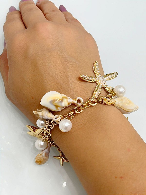 Pulseira Fundo do Mar - Estrela búzios e concha - banho ouro com verniz italiano - 1 unidade
