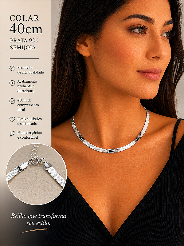 Colar Malha fita 8mm Banho Prata 925 Semijoia com 50 milésimos de camada e verniz italiano - 1 unidade - medida 40cm com extensora