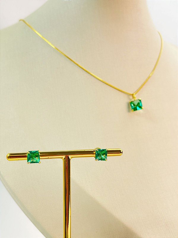 Conjunto Pedra Carre - colar veneziana com pingente e brinco zirconia - banho ouro 2 milésimos com verniz italiano