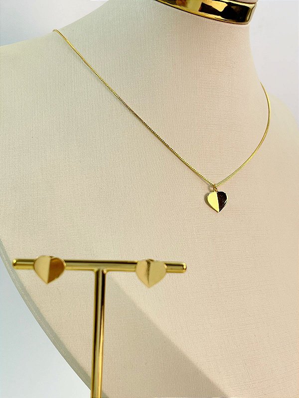 Conjunto Coracao - colar veneziana com pingente e brinco - banho ouro 2 milésimos com verniz italiano