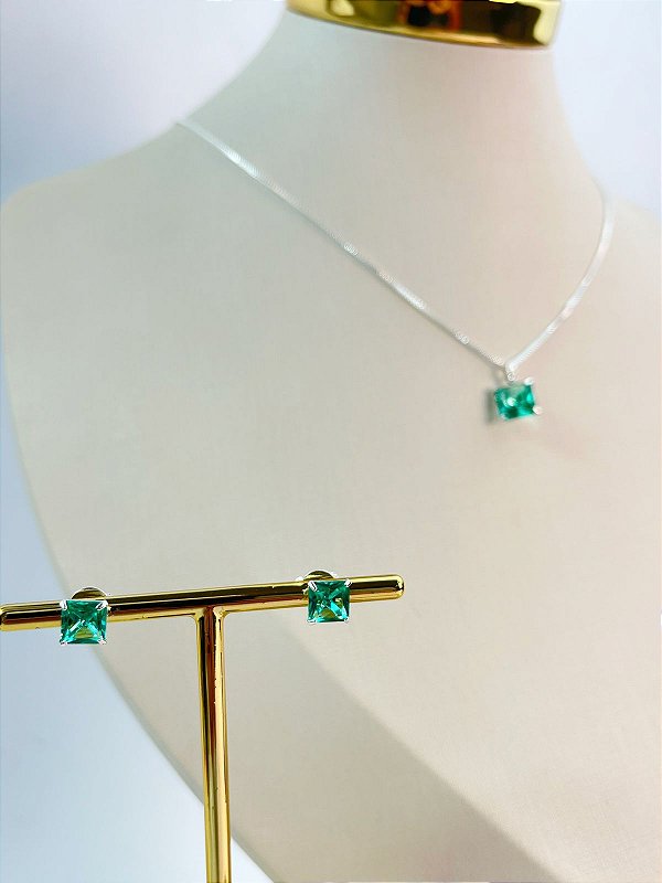 Conjunto Pedra Carre - colar veneziana com pingente e brinco zirconia - banho Prata 925 com 50 milésimos e verniz italiano