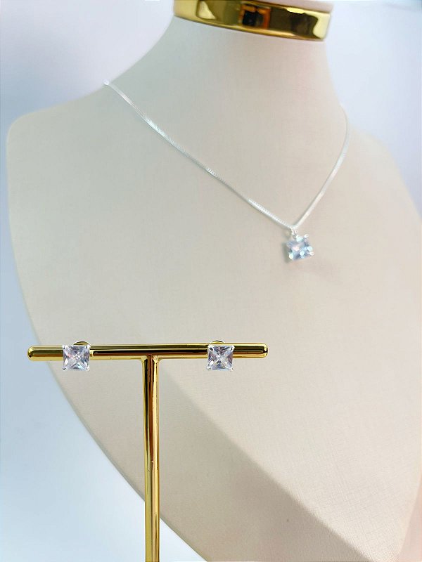Conjunto Pedra Carre - colar veneziana com pingente e brinco zirconia - banho Prata 925 com 50 milésimos e verniz italiano
