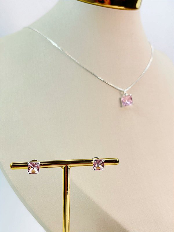 Conjunto Pedra Carre - colar veneziana com pingente e brinco zirconia - banho Prata 925 com 50 milésimos e verniz italiano