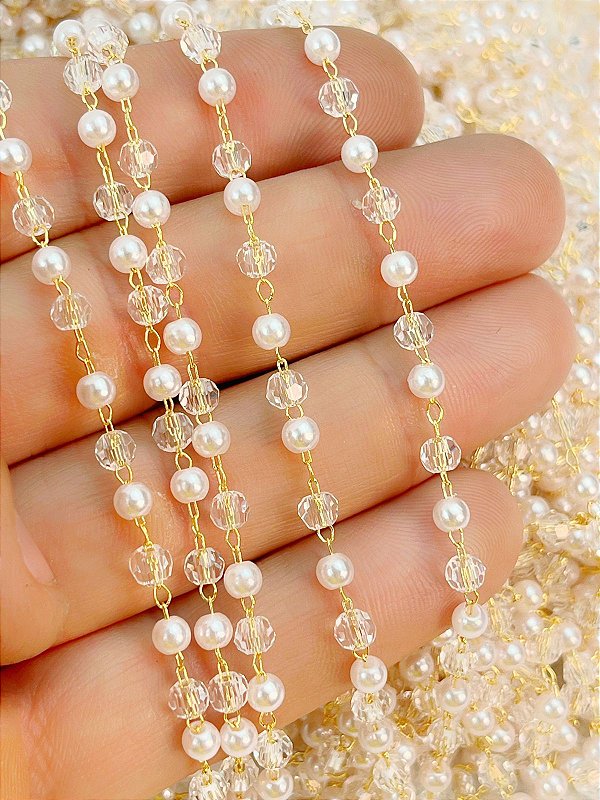 Corrente Cristal e Perola 4mm Cristal Banho ouro camada 2 milésimos com verniz italiano -  1 Metro