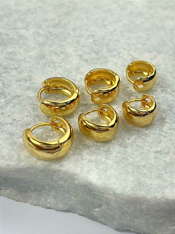 Trio Brinco Argola Click Semijoia Ouro 5 Milesimos de camada ouro com verniz italiano - 3 pares P M G