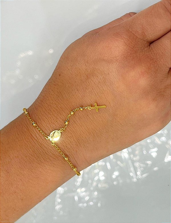 Pulseira tipo terço Nossa Senhora Aparecida - banho ouro 2 miléslimos com verniz italiano - 1 unidade
