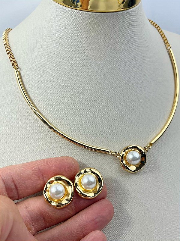 Conjunto Colar e Brinco Organico com perola - banho ouro 2 milesimos com verniz
