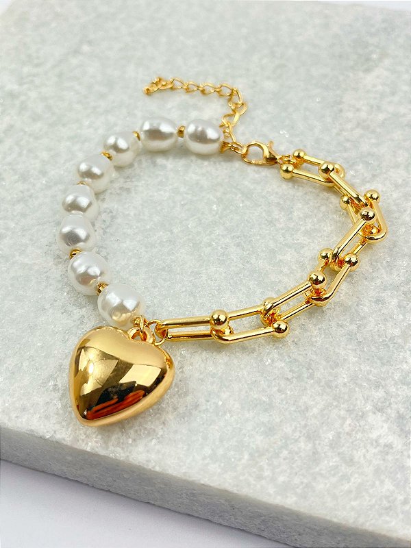 Pulseira Coracao com perola modelo tipo tifany - banho ouro - 1 unidade
