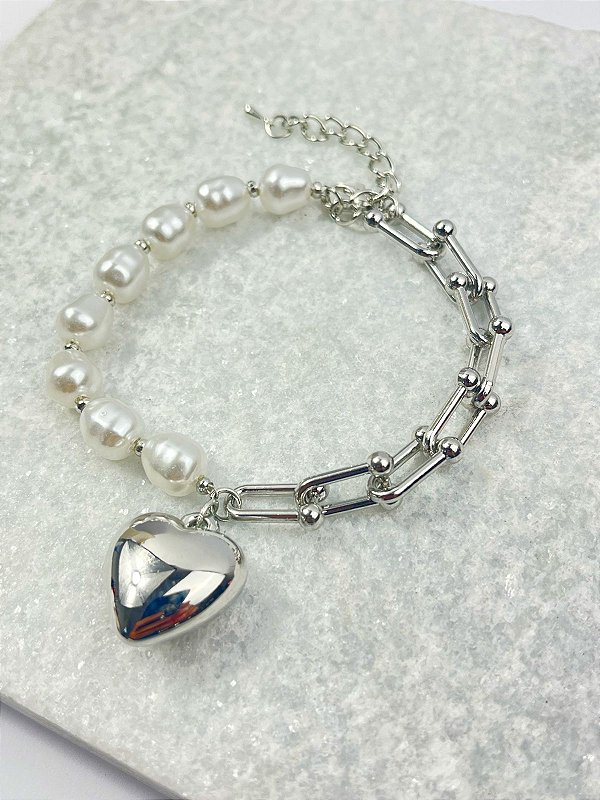 Pulseira Coracao com perola modelo tipo tifany - banho niquel diamante - 1 unidade