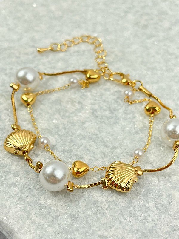 Pulseira Concha e coracao perola banho ouro com verniz -1 unidade