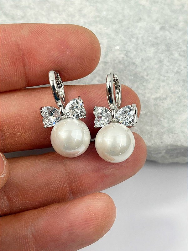 Brinco Argola click Perola com Zirconia tipo Gravatinha banho niquel diamante com verniz - 1 unidade