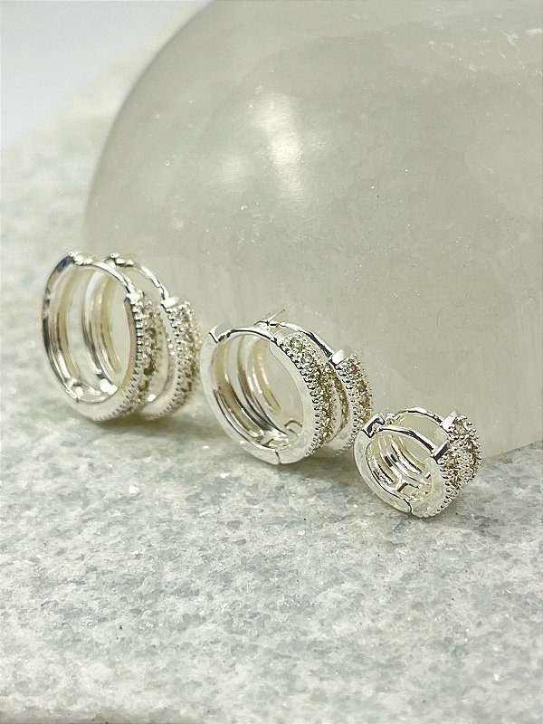 Trio Brinco Argola click Prata Cravejado com Zirconia - banho prata 925 semijoia 50 milésimos - 3 pares