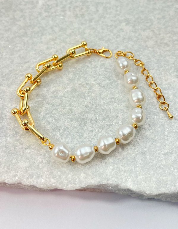 Pulseira com perola modelo tipo tifany - banho ouro - 1 unidade