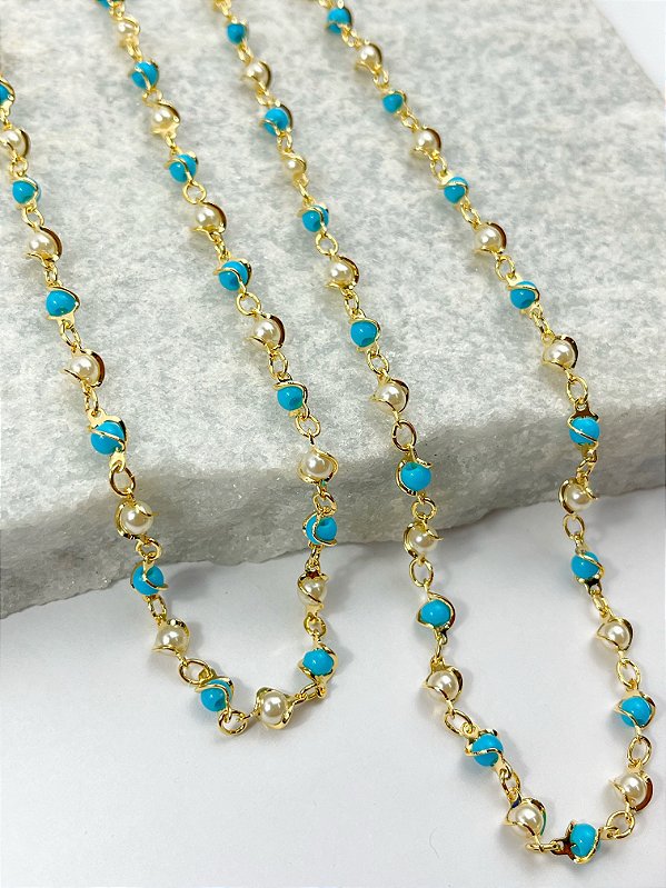 Corrente Pérola com conta turquesa banho ouro 2 milésimos com verniz italiano - 1 metro