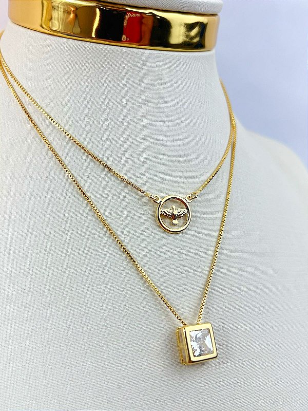 Escapulario Espirito Santo e Zirconia cristal - veneziana banho ouro 2 milesimos com verniz italiano - medida 60cm - 1 unidade