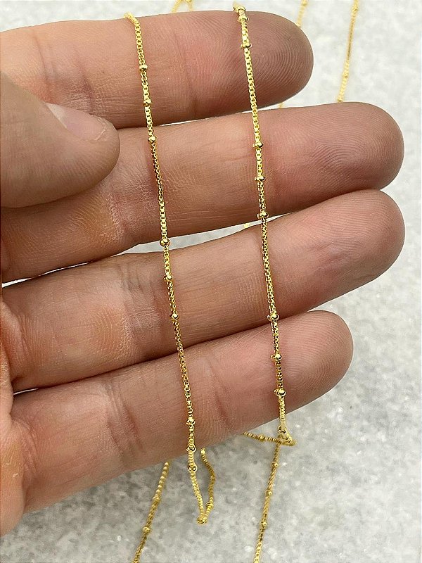 Corrente Veneziana com bolinha 0,80Mm Em Metro - Banho Ouro Camada 2 Milésimos Com Verniz Italiano - 1 Metro