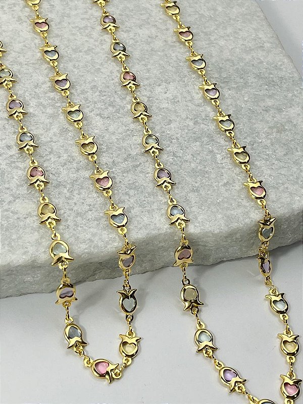 Corrente Coracao colorido Banho Ouro Camada 2 Milésimos Com Verniz Italiano - 1 Metro