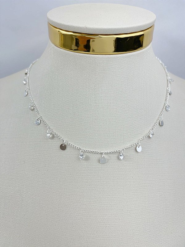 Choker Moedas com zirconia Banho Semijoia Prata 50 milésimos e verniz italiano - medida 40cm - 1 unidade