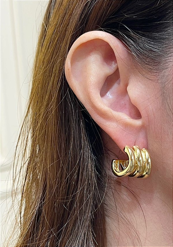 Brinco Argola Tripla organico Banho ouro com tarraxa Banho Ouro 2 milésimos com verniz italiano - 1 par